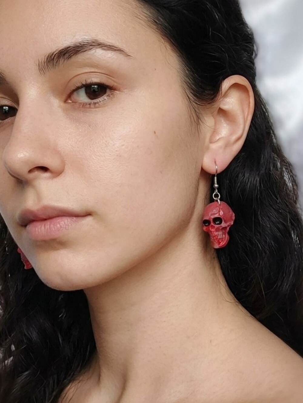 Handcrafted Red And Black Clay Skull Earrings